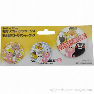 Tin/Button Badge, Available in Various Shapes and Sizes, Customized Designs are Welcome